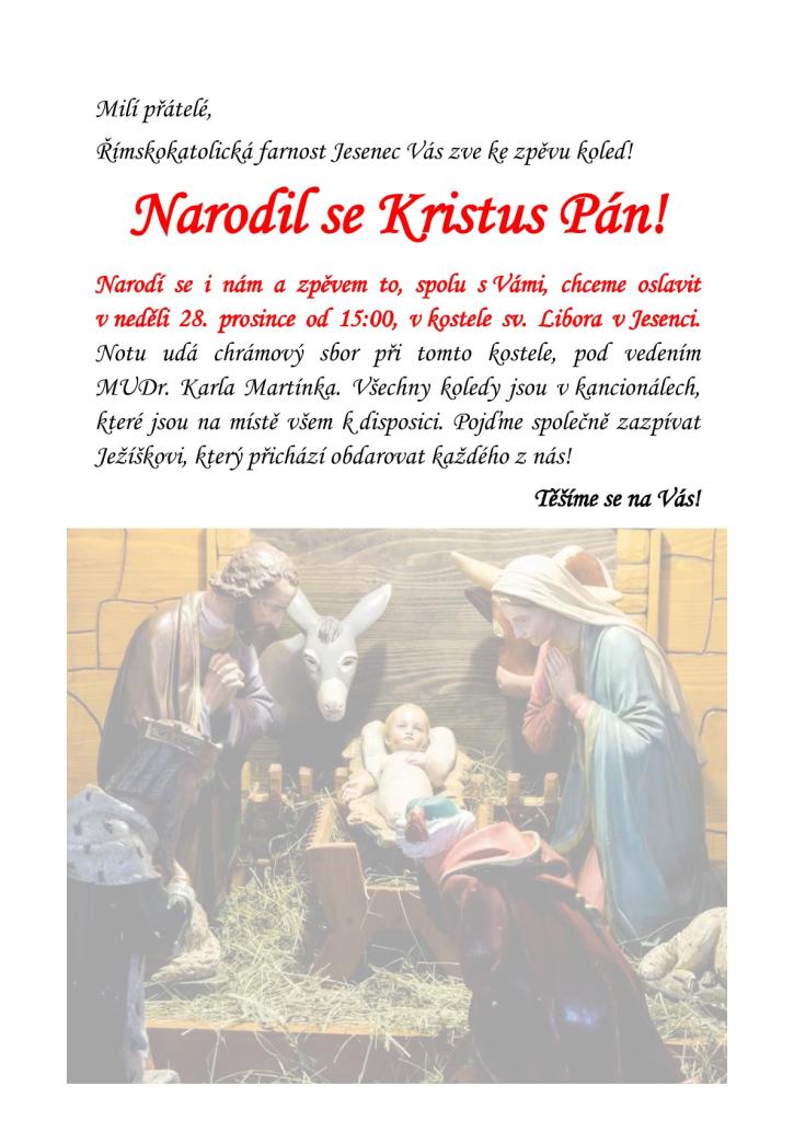 Římskokatolická farnost Jesenec Vás zve ke&nbsp;zpěvu koled!