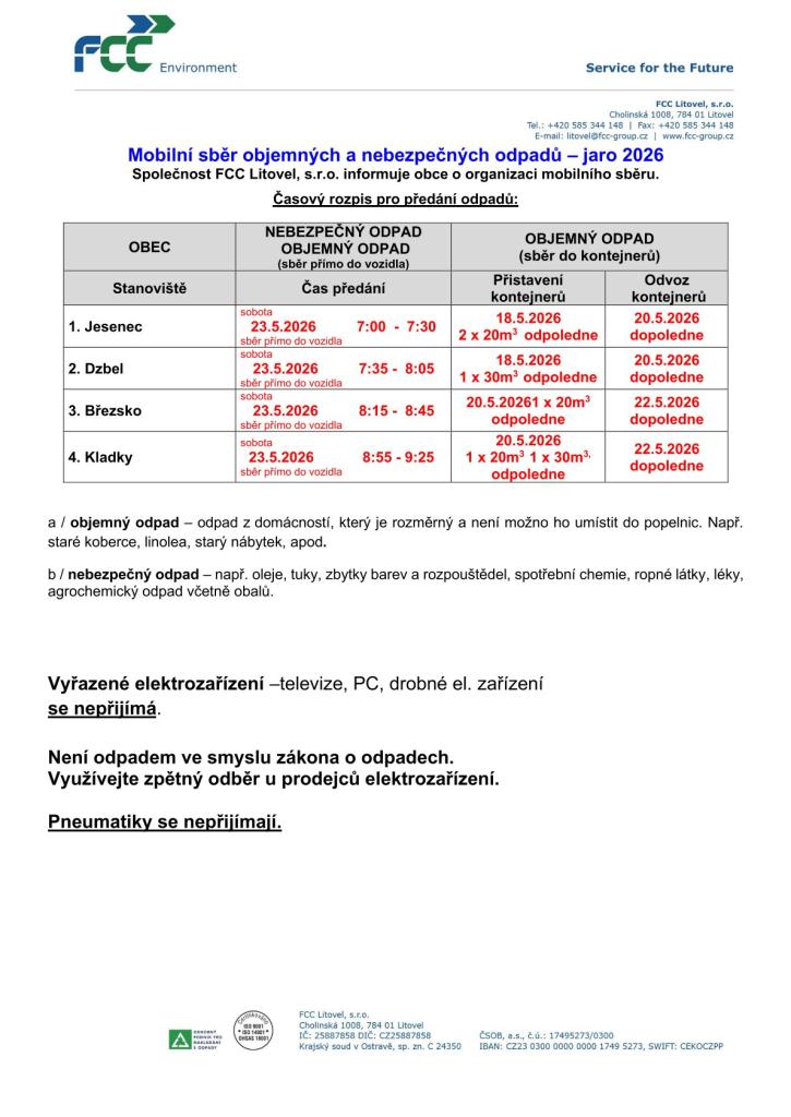 Mobilní sběr velkoobjemového a&nbsp;nebezpečného odpadu - jaro 2026