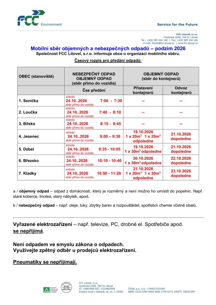 Mobilní sběr velkoobjemového a&nbsp;nebezpečného odpadu - podzim 2026