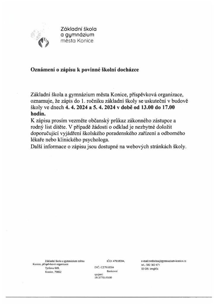 Oznámení o zápisu k PŠD
