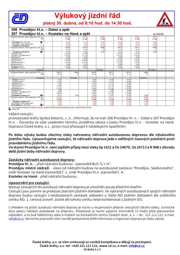 Výlukový jízdní řád platný 30.&nbsp;dubna, od&nbsp;8:10 hod. do&nbsp;14:30 hod.